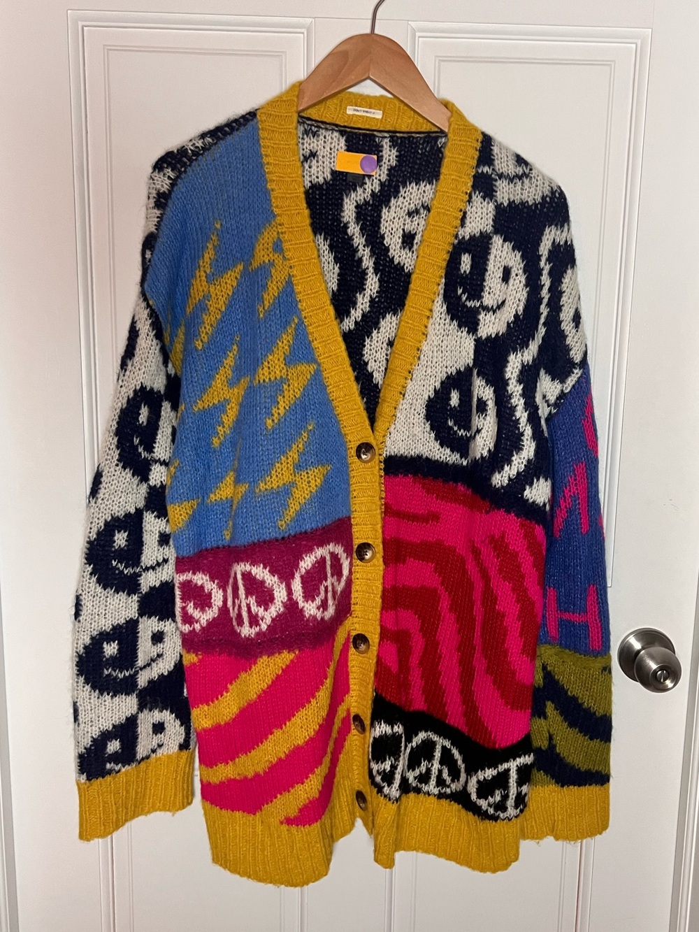 MOTHER Colorblock Graphic V-Neck Button Cardigan in Blue, Pink & Yellow